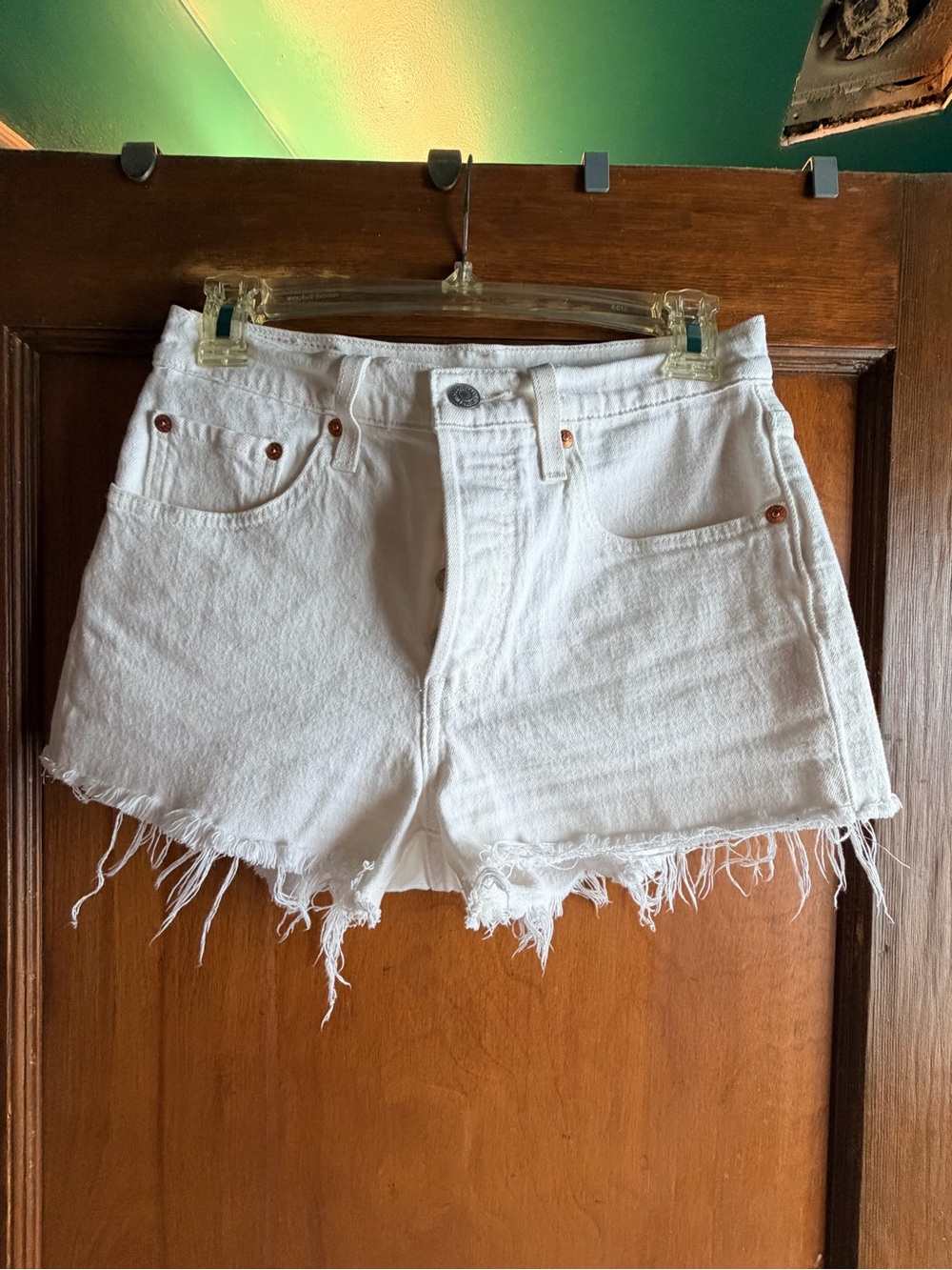 Levi's White Frayed Hem Denim Cutoff Shorts